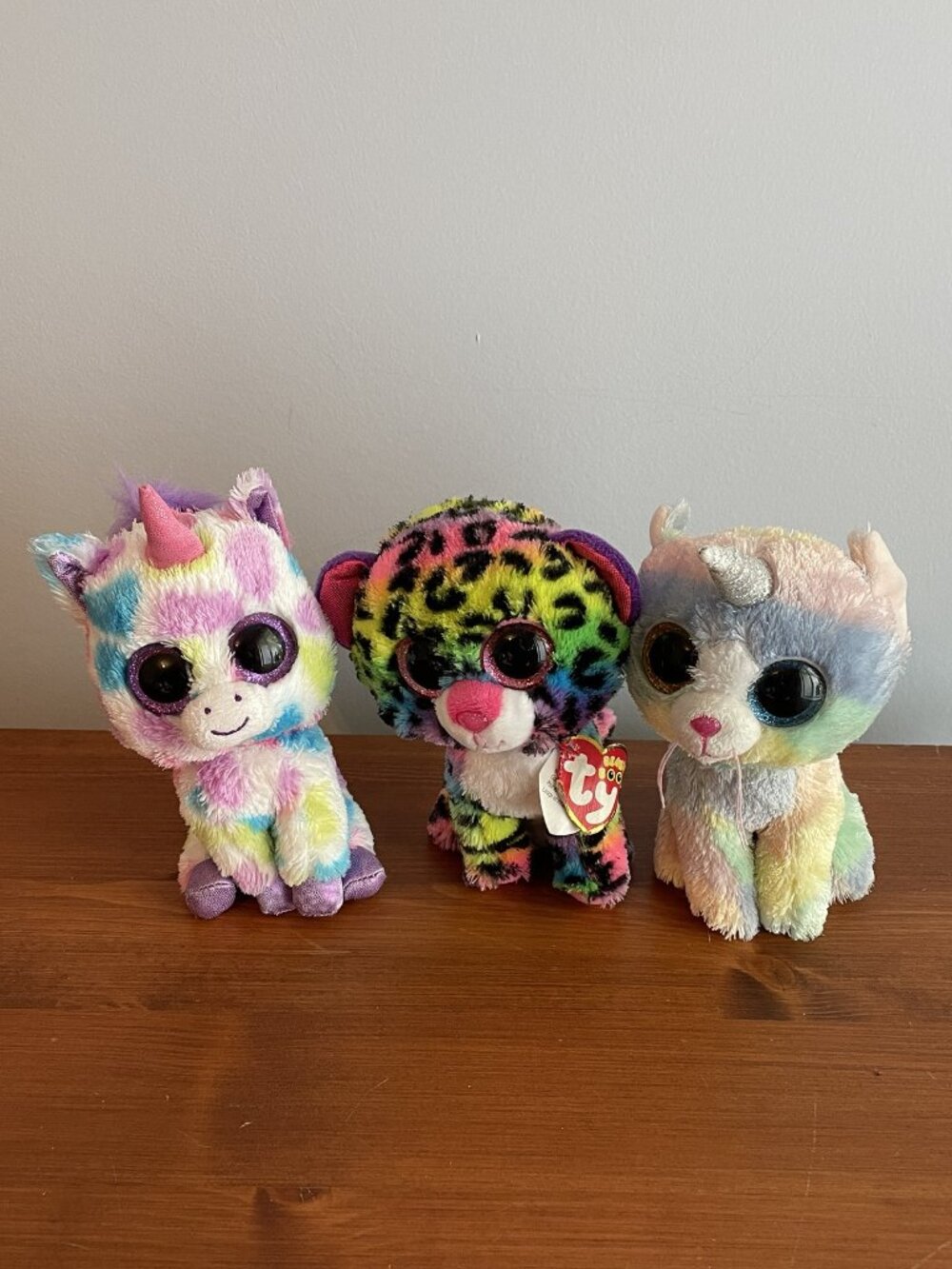 TY Beanie Boo 3 Unit Plush Lot Wishful Unicorn, Dotty Leopard, Heather Cat